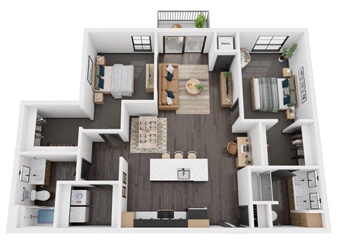 this is a 3d floor plan of a 1179 square foot 2 bedroom apartment at carbon31 in bloomington, mn